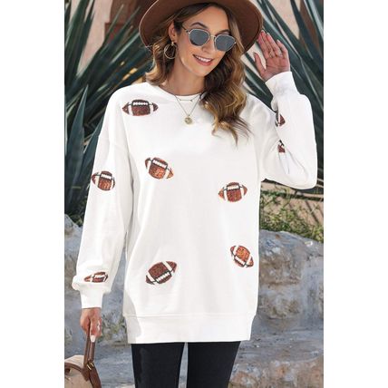 Beige Sequin Rugby Football Patched Pattern Crewneck Game Day Sweatshirt