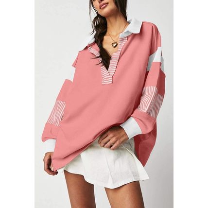 Casual Striped Colorblock Patchwork Collar Sweatshirt