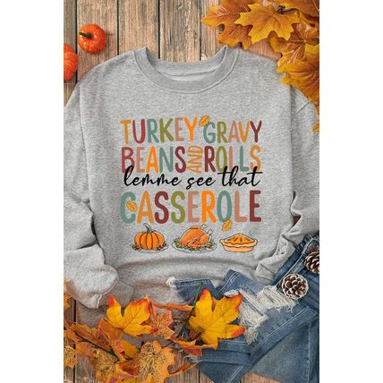 Gray Thanksgiving Slogan Pumpkin Turkey Pie Graphic Sweatshirt