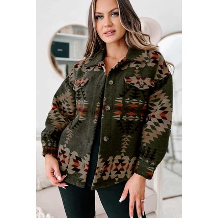 Green Aztec Print Flap Pockets Long Sleeve Shacket