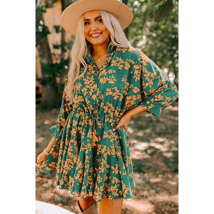 Green Floral Print Drawstring Tunic Flowy Short Dress
