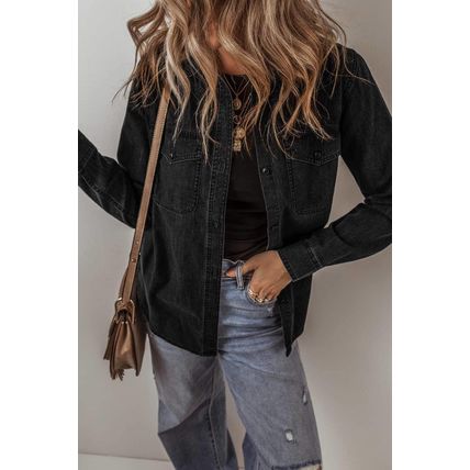 Black Flap Pocket Buttons Collared Jean Jacket