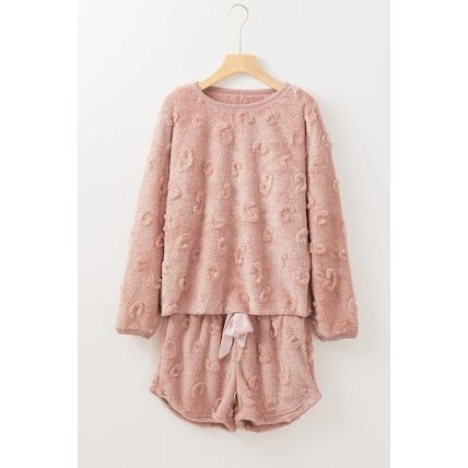Light Pink Textured Leopard Fleece Loose Two Piece Lounge Set