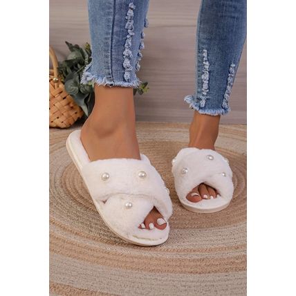 White Pearl Decor Criss Cross Plush Slippers