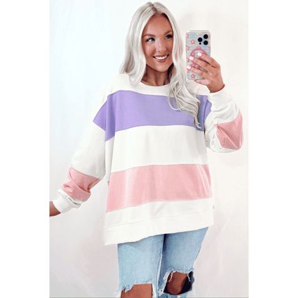 Beige Colorblock Patchwork Drop Shoulder Crewneck Sweatshirt