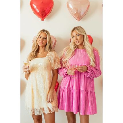 Apricot Sequined Lace Mesh Bubble Sleeve Square Neck Dress