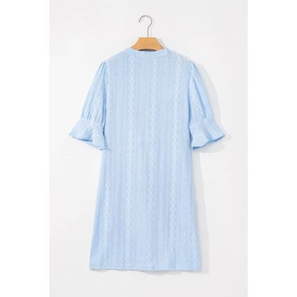 Beau Blue Jacquard Texture Flared Short Sleeve Notched Neck Mini Dress
