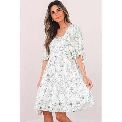 Beige Floral Print Square Neck Shirred Back Puff Sleeve Mini Dress