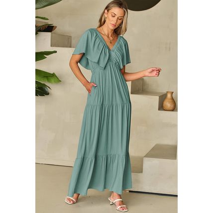 Green Textured V Neck Flutter Sleeve Ruffled Maxi Dress