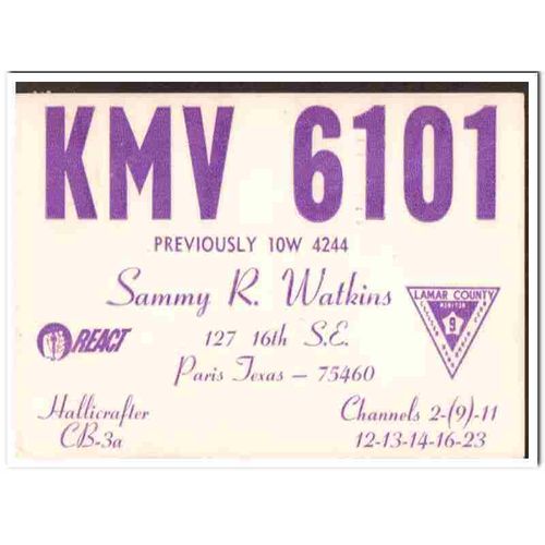 kmv-6101 sammy watkins paris texas 1960s cb radio qsl vintage postcard