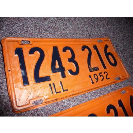 Vintage License Plate Matched Pair ILL 1952 IL 1243 216 Orange Black Go Bears!