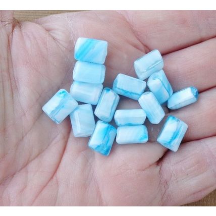 Blue White Rectangle Pillow Beads 9 x 11mm 15 Pieces Glass bd012