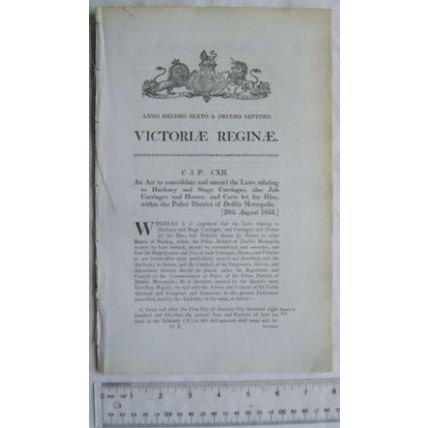 1853 Act of Parliament: Hackney & Stage Carriages horses & carts for hire Dublin