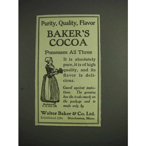 1914 Baker's Cocoa Ad - Purity, Quality, Flavor