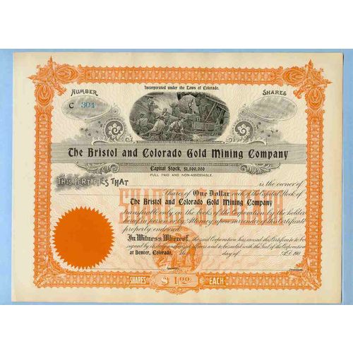 CO na Stock Certificate Company: Bristol And Colorado Gold Mining Company ~93
