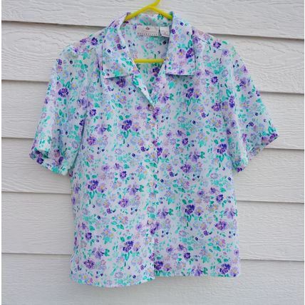 Worthington Floral Blouse Top Sz 10 41 Chest Button Purple Blue Floral Clearance