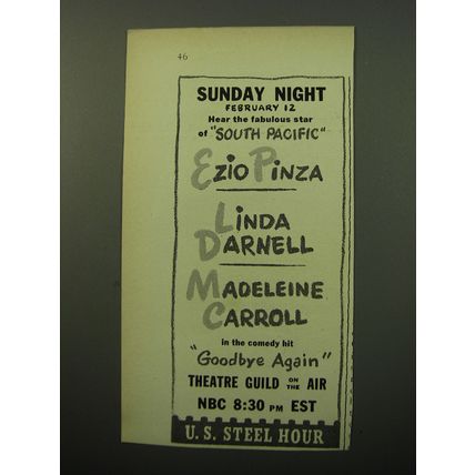 1950 U.S. Steel Hour Ad - Ezio Pinza, Linda Darnell, Madeleine Carroll