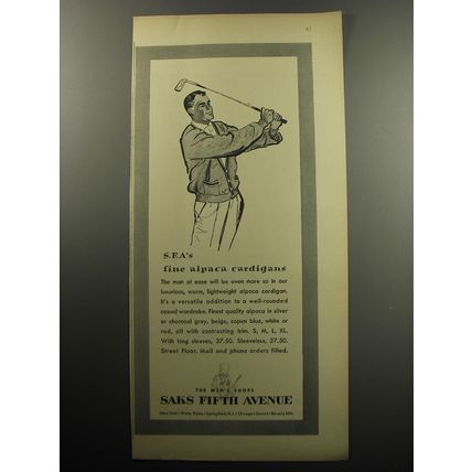 1957 Saks Fifth Avenue Cardigans Ad - S.F.A's fine alpaca cardigans