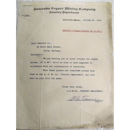 2 1912 letters: Anaconda Copper Mining Company Butte, MT - re: Leys Jewelry Co.