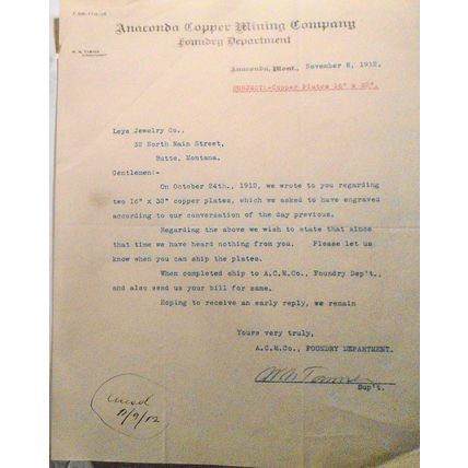 2 1912 letters: Anaconda Copper Mining Company Butte, MT - re: Leys Jewelry Co.