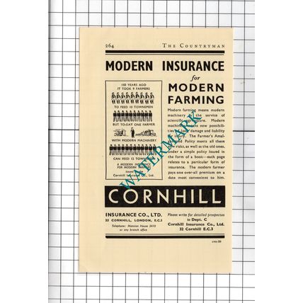 Cornhill Insurance Ltd Farming Farmer - 1938 Small Advert