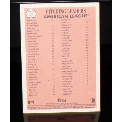 TOPPS HERITAGE 2015 KLUBER/SCHERZER/WEAVER 2014 A.L. PITCHING LEADERS CARD #224