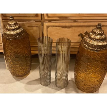Vintage Pair of Long Amber Hanging Glass Globes