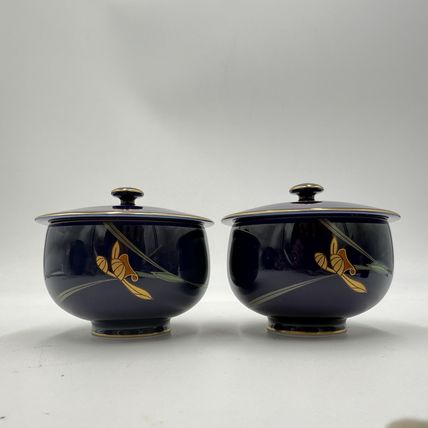 Arita Ware Retro Koransha Lapis Gold Tea Cups With Lid Blue Cobalt Porcelain