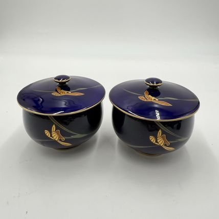 Arita Ware Retro Koransha Lapis Gold Tea Cups With Lid Blue Cobalt Porcelain