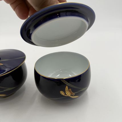 Arita Ware Retro Koransha Lapis Gold Tea Cups With Lid Blue Cobalt Porcelain