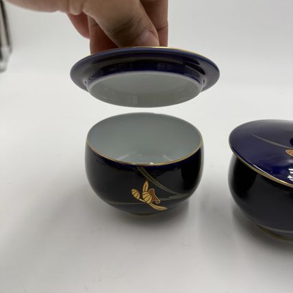 Arita Ware Retro Koransha Lapis Gold Tea Cups With Lid Blue Cobalt Porcelain