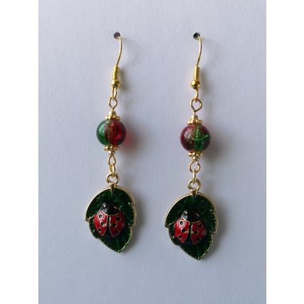 Enamel Ladybird On Leaf Charm And Crackle Glass Bead Earrings Gold Plated Hooks