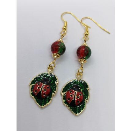 Enamel Ladybird On Leaf Charm And Crackle Glass Bead Earrings Gold Plated Hooks