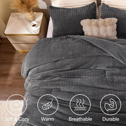 Fluffy Queen Comforter Set - Furry Grey Leaves Pattern Faux Fur Bed Set, Winter