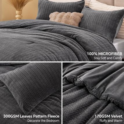 Fluffy Queen Comforter Set - Furry Grey Leaves Pattern Faux Fur Bed Set, Winter