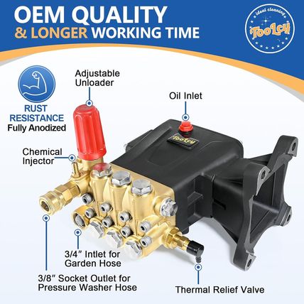 TOOLCY Pressure Washer Pump 3600-4000 PSI Max, 4 GPM Triplex Plunger Pressure Pu