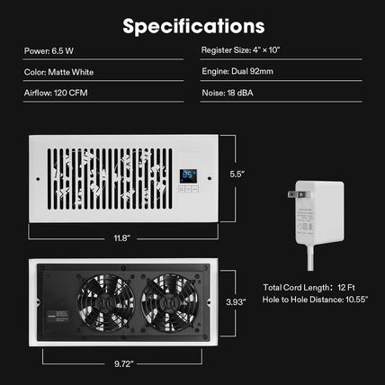 VIVOSUN Quiet Register Booster Fan 4”×10”, Smart Register Vent with Intelligent