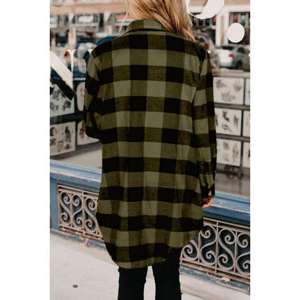 Green Turn-down Collar Plaid Shirt Coat