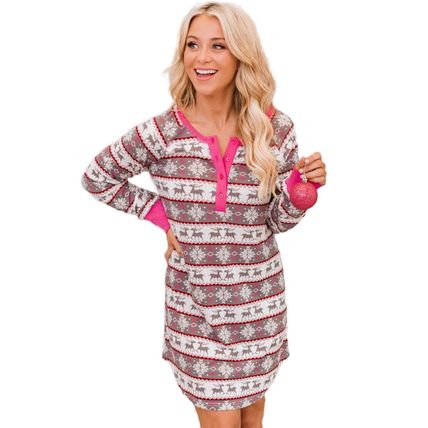 Rose Christmas Pattern Henley Pajama Dress