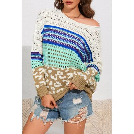 Multicolor Leopard Striped Mix Pattern Knit Crochet Sweater