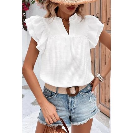 White Ruffle Accent Flutter Sleeve Notch Neck Top
