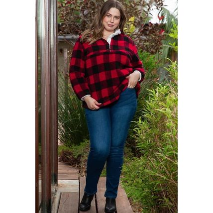 Fiery Red Plus Size Buffalo Plaid Sherpa Henley Sweatshirt