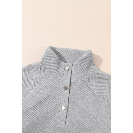 Light Grey Textured Knit Buttoned Kangaroo Pocket Sweatshirt