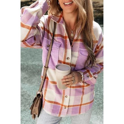 Purple Corduroy Pockets Brushed Checkered Shacket