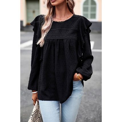 Black Lace Eyelet Ruffle Shoulder Long Sleeve Blouse