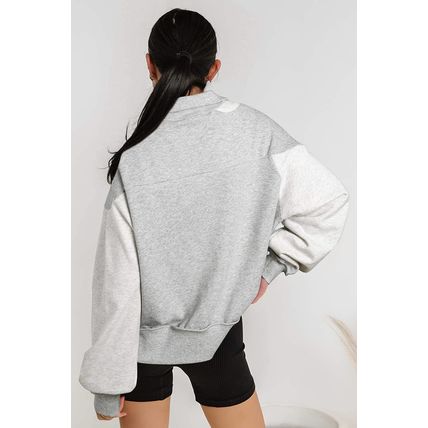 Gray Half Zipper Collared Drop Shoulder Side Slits Sweatshirt