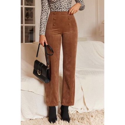 Chestnut Solid Color Double Breasted Straight Leg Pants