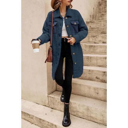 Blue Contrast Flap Pocket Single Breasted Teddy Coat