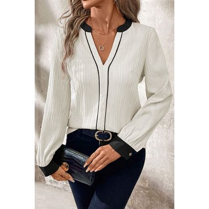White Textured Colorblock V Neck Elegant Blouse