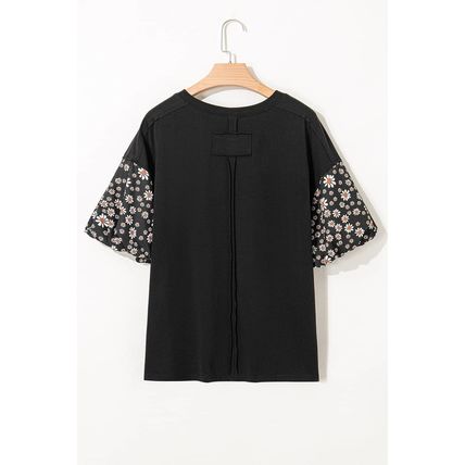 Black Contrast Floral Puff Sleeve Oversized Top
